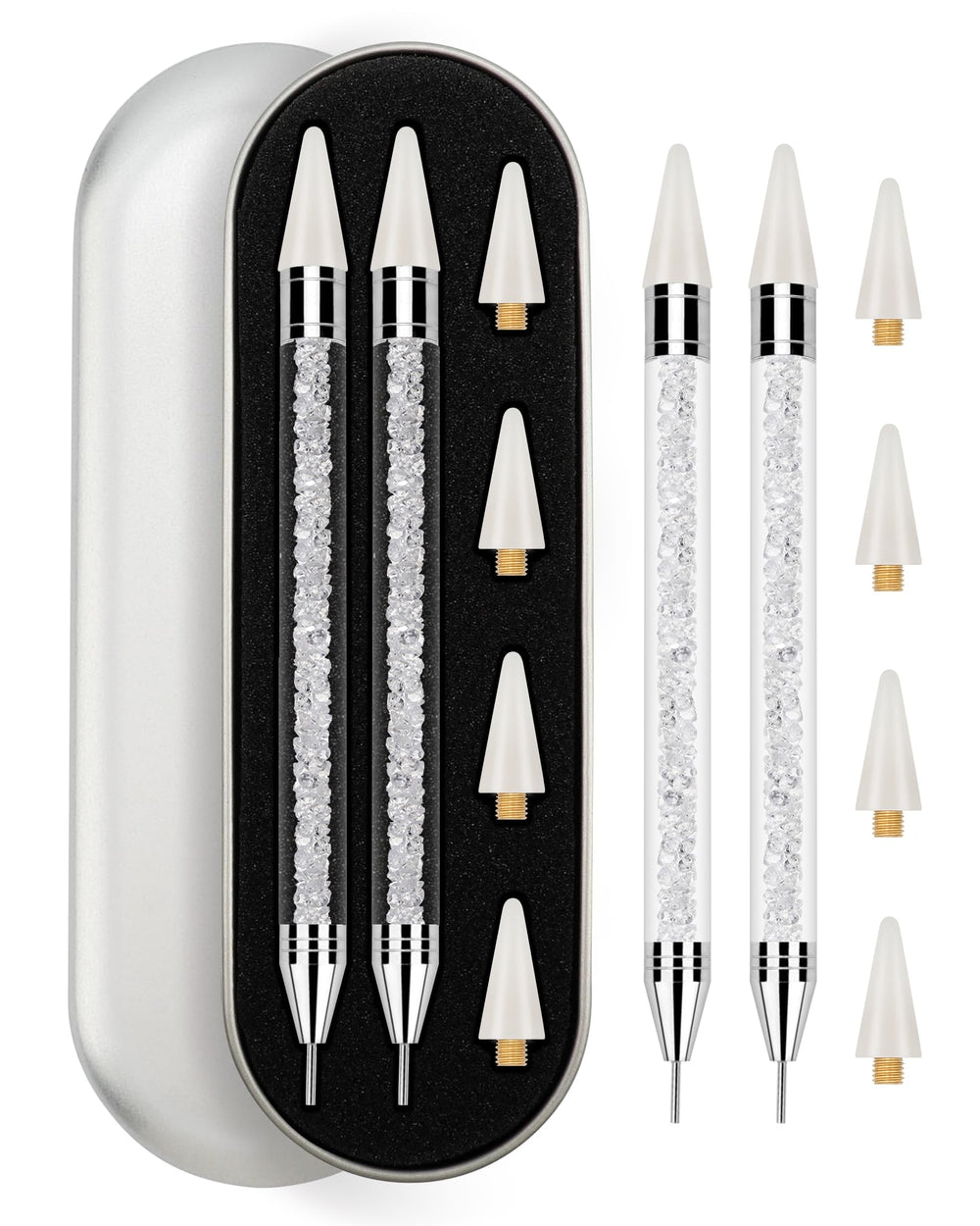 Rolybag rhinestone picker tool set in white with two pens for precise nail art.