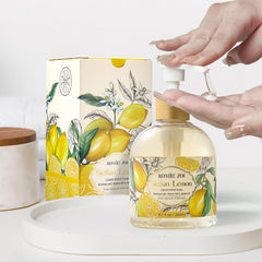 ROMIIE ZOI lemon hand soap bottle close-up shows refreshing cleansing.