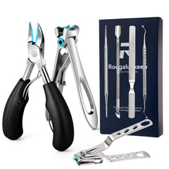 Roogaluckeep 7-piece ingrown toenail kit close-up showing surgical-grade steel for home care