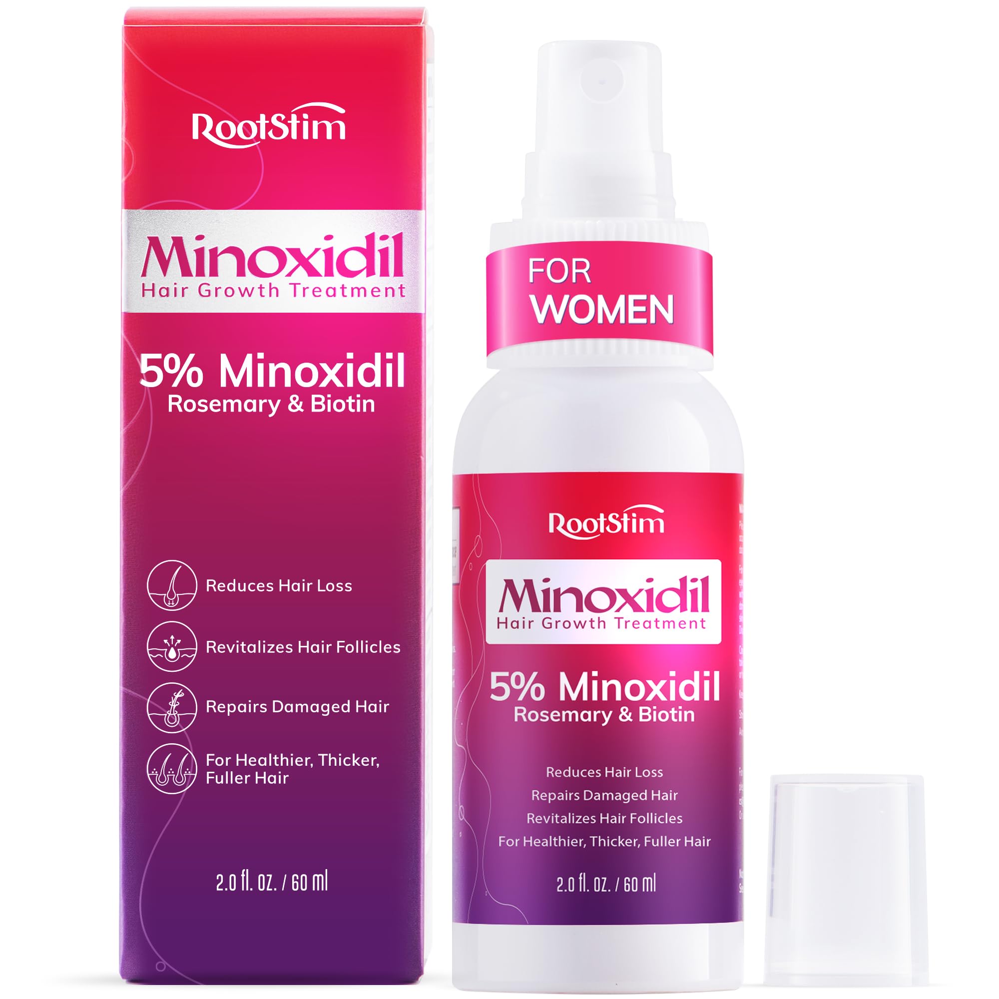 RootStim Extra Strength Minoxidil bottle showing targeted hair support benefits