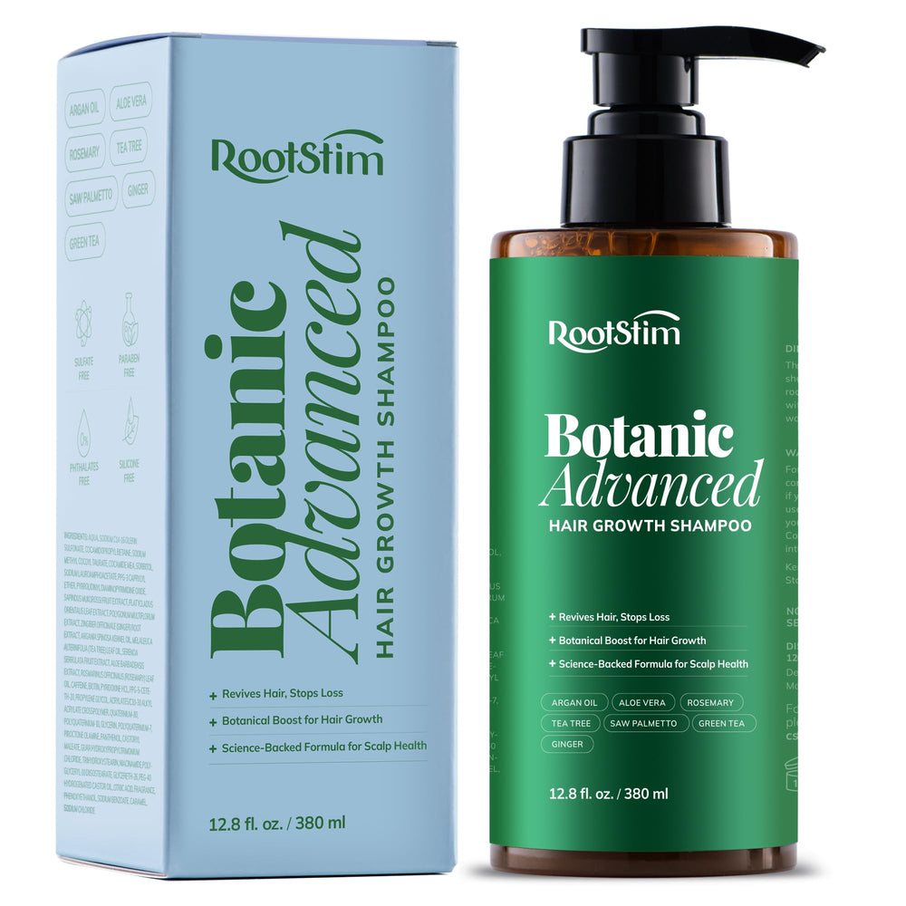 RootStim hair growth shampoo bottle showing thickening formula.