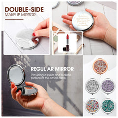 Roowest silver-purple compact mirror with 2x magnification closeup for precise makeup checks.