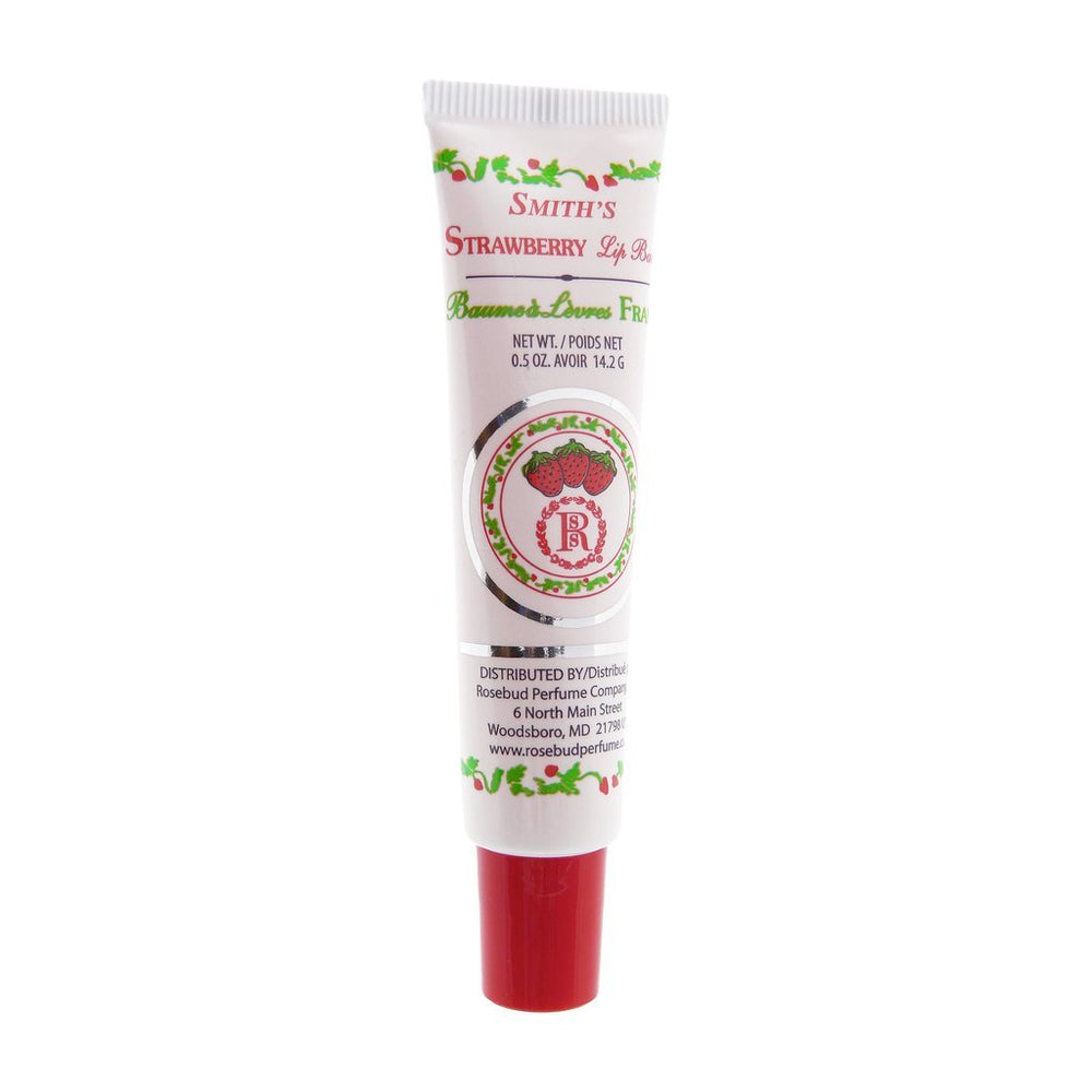 Rosebud Lip Balm Tube Strawberry 0.5 oz, travel-friendly for daily moisture.