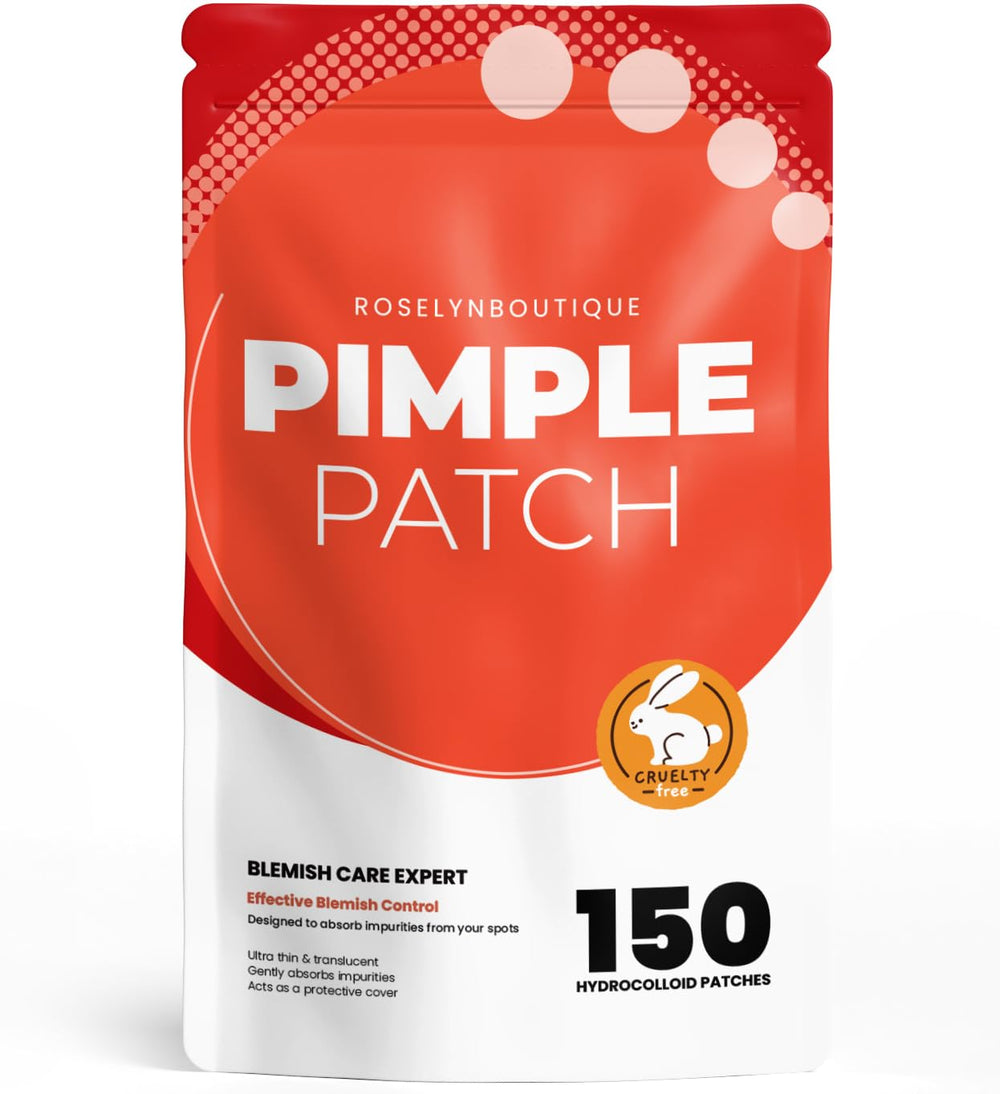 ROSELYNBOUTIQUE pimple patches packaging showcases vegan, cruelty-free acne care for clearer skin.
