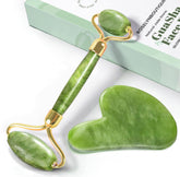 ROSELYNBOUTIQUE Jade Roller green closeup shows cooling, soothing massage for refreshed skin.