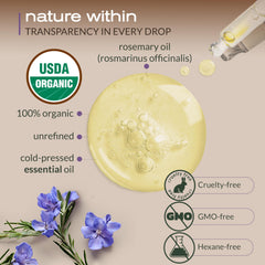 Steam-distilled rosemary essential oil in a glass bottle for purity.