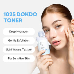 ROUND LAB 1025 Dokdo Toner on hand for gentle application and refreshing feel.