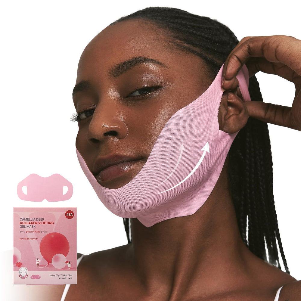 ROUND LAB Camellia Deep Collagen V lifting mask close-up highlighting jawline lift.
