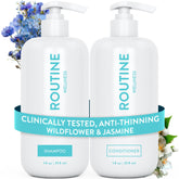 Routine Wellness anti-thinning shampoo bottle closeup showing stronger strands potential