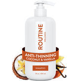 Routine Wellness Anti-Thinning Shampoo bottle pour shows easy application for fuller-looking hair.