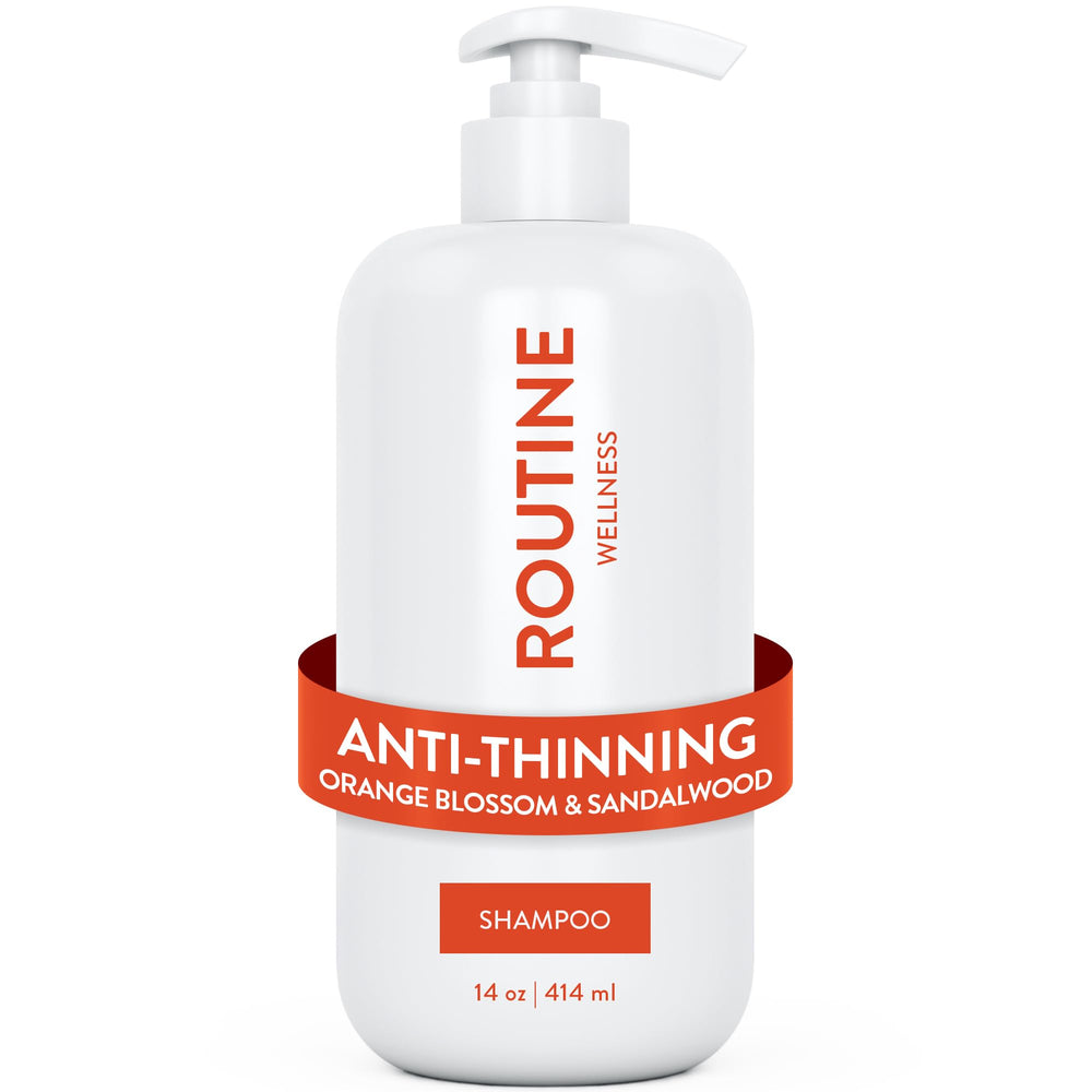 Routine Wellness Anti-Thinning Shampoo bottle pour shows product in action for fuller-looking hair