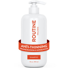 Routine Wellness Anti-Thinning Shampoo bottle pour shows product in action for fuller-looking hair