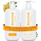 Routine Wellness anti-thinning shampoo bottle highlighting volume-boosting formula.