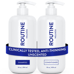 Routine Wellness anti-thinning shampoo bottle promotes fuller-looking hair and strength.