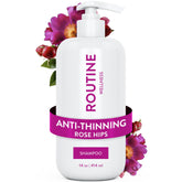 Routine Wellness anti-thinning shampoo bottle showing biotin and DHT blocker for fuller-looking hair
