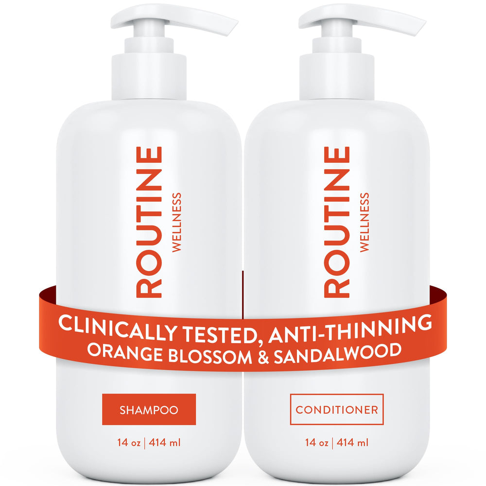 Routine Wellness anti-thinning shampoo bottle with orange blossom scent boosts volume and strength
