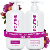 Routine Wellness anti-thinning shampoo bottle shows a biotin powered formula for fuller-looking hair and color-safe care