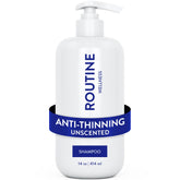 Routine Wellness anti-thinning shampoo bottle shows biotin benefits for fuller-looking hair.