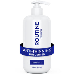 Routine Wellness anti-thinning shampoo bottle shows biotin benefits for fuller-looking hair.
