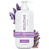 Routine Wellness Anti-Thinning Shampoo bottle with lavender-cedar scent for daily cleansing.