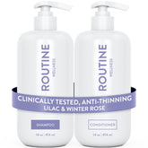 Routine Wellness Lilac & Winter Rose shampoo bottle suggests gentle cleansing for fuller-looking roots
