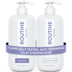 Routine Wellness Lilac & Winter Rose shampoo bottle suggests gentle cleansing for fuller-looking roots