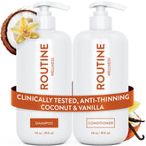 Routine Wellness shampoo bottle on sink promotes clean, vibrant roots
