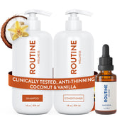 Routine Wellness Shampoo bottle pouring for refreshing scalp cleansing