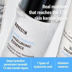 Close up of Rovectin Aqua Hyaluronic Essence ingredients highlighting seven hyaluronic acids