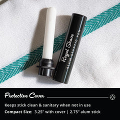 Royal Shave alum styptic pen tip closeup demonstrates precise application on skin.