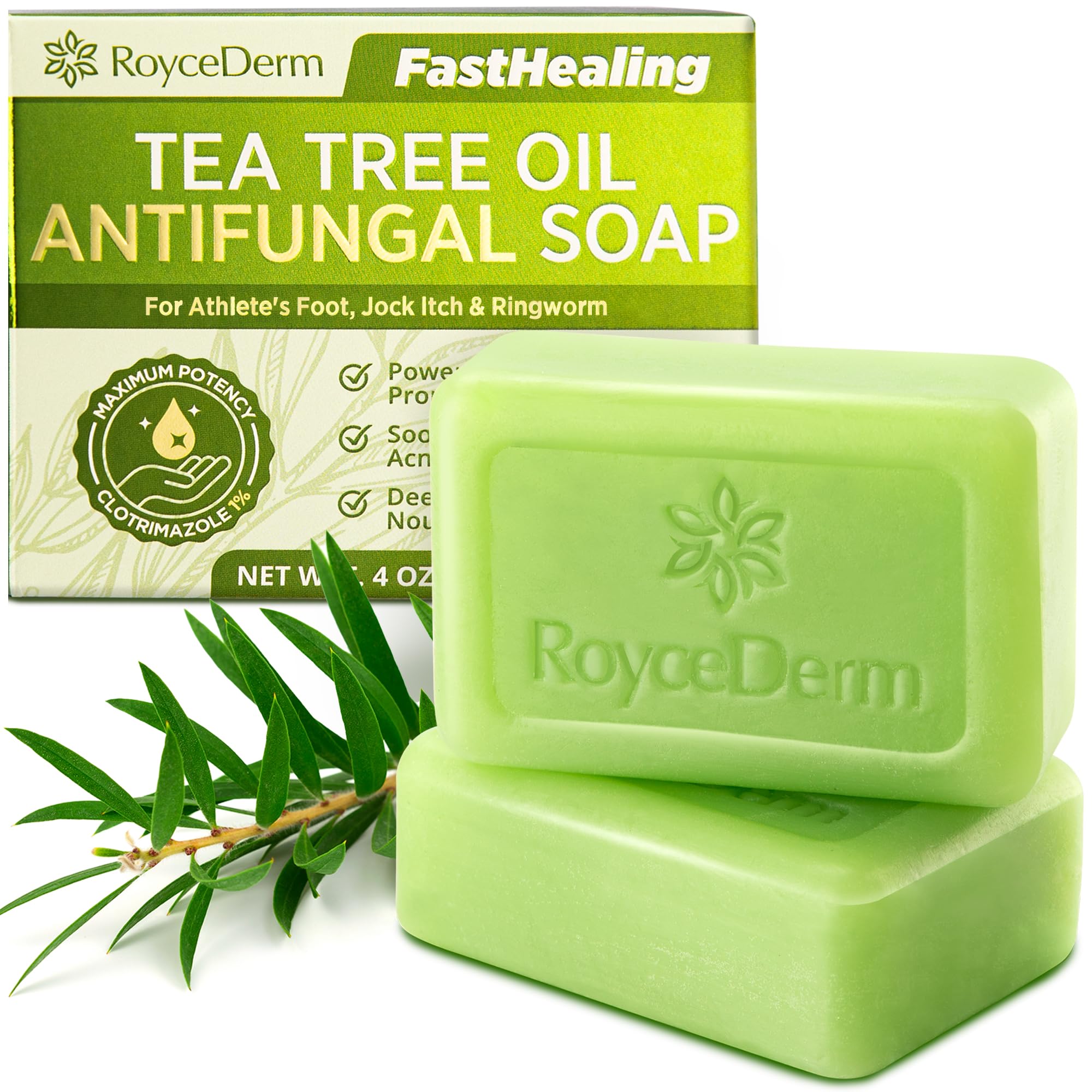 RoyceDerm antifungal bar soap with tea tree scent provides refreshing cleanse after workouts.