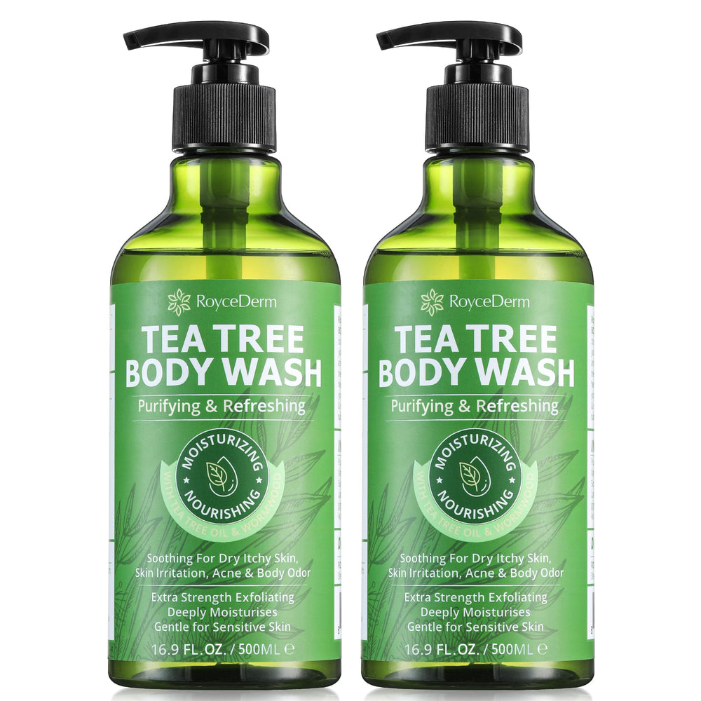 Roycederm antifungal wash tea tree bottle highlights natural cleansing with tea tree oil.