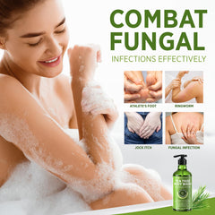 Roycederm tea tree oil bottle closeup shows invigorating aroma and cleansing action.