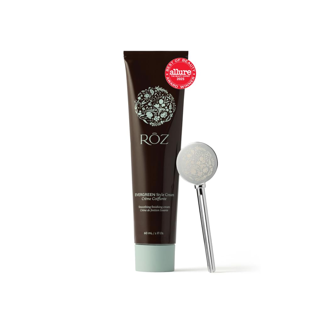 RŌZ Evergreen Styling Cream bottle pour enables quick smoothing of flyaways.