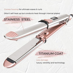 Rozamor flat iron in use for straightening and curling styles