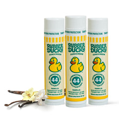 Rubber Ducky SPF 44 lip balm tube with vanilla flavor for everyday sun protection.