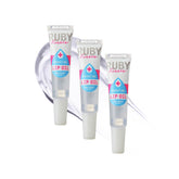 Ruby Kisses brillo labial hidratante transparente con empaque, hidratación duradera.