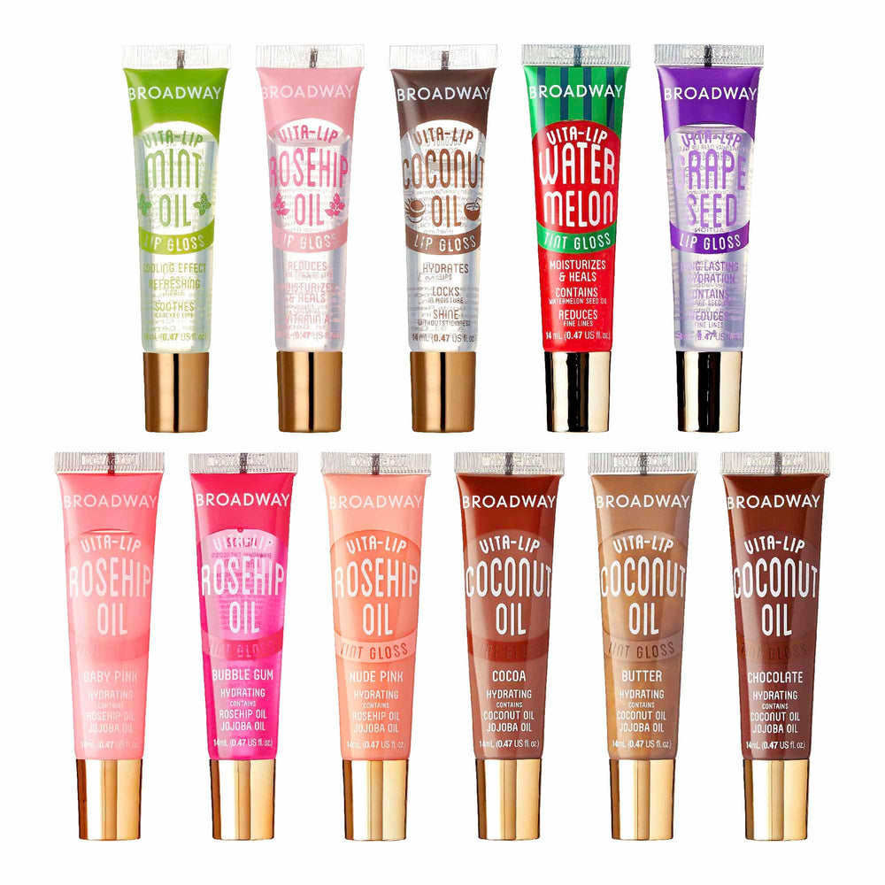 Ruby Kisses Broadway Vita-Lip, brillo rosado tintado, hidratación duradera para labios sedosos.
