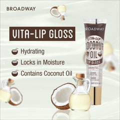 Close-up of Ruby Kisses Broadway Vita-Lip gloss tube highlighting cruelty-free formula and vitamin oils.