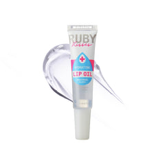 Ruby Kisses aceite para labios, enfoque en el bote transparente para hidratación profunda.