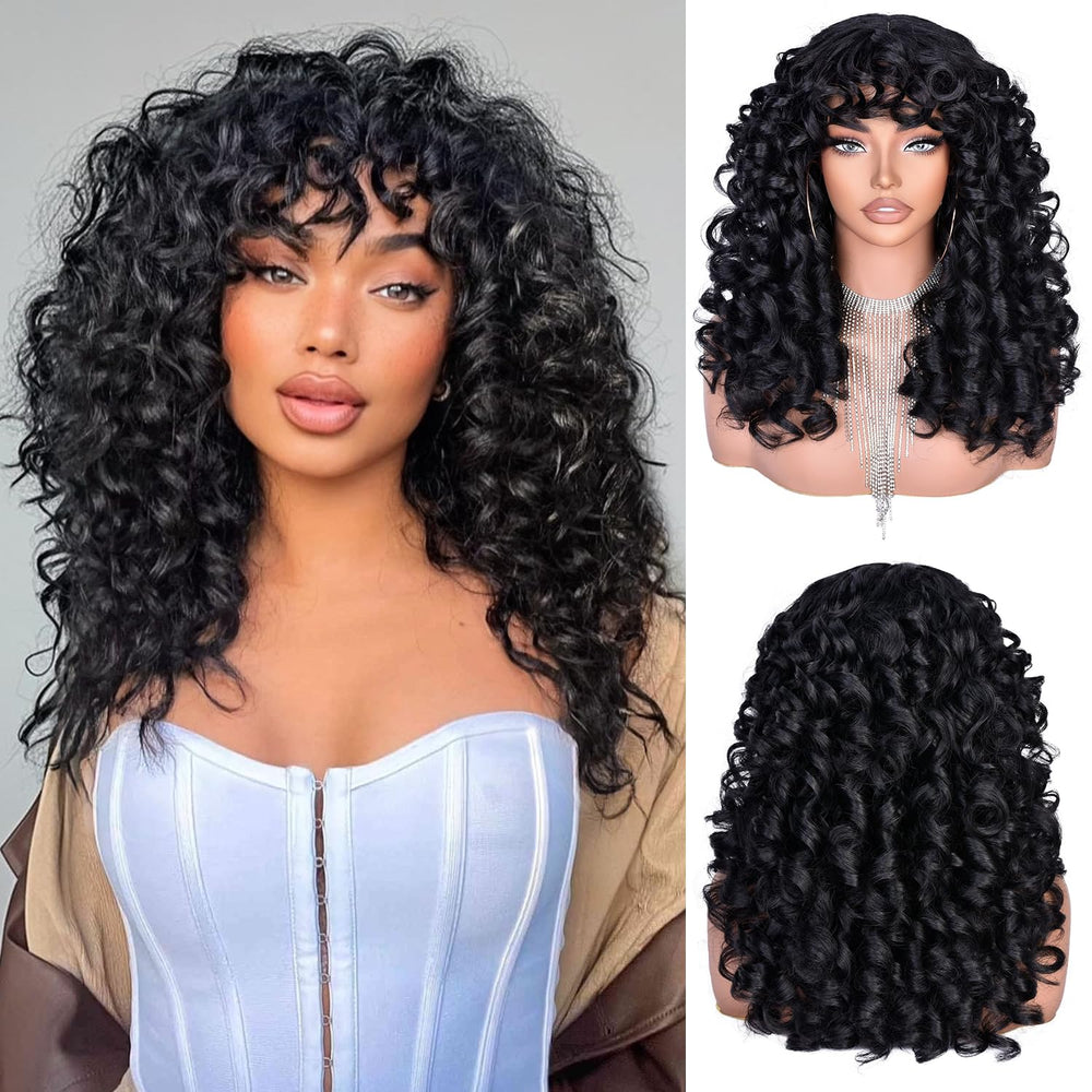 RunM hair black curly wig with bangs shows voluminous daily wear style