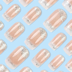 RUOKEXIN uñas postizas brillo plata, diseño elegante para fiesta o evento.