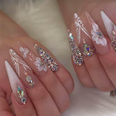 RUOKEXIN Unas press on stilettos con cristales, acabado blanco ombre para looks elegantes