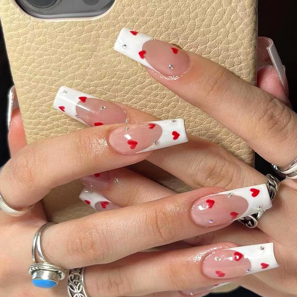 RUPOFUZA uña pegable Frances blanco largo con corazón rojo, estilo romántico