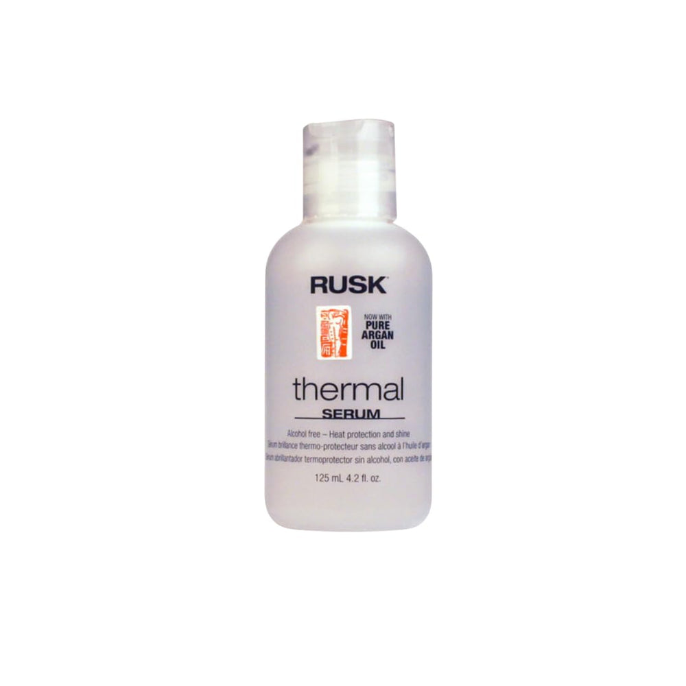 Serum termico de RUSK con argán para brillo y suavidad en el peinado.
