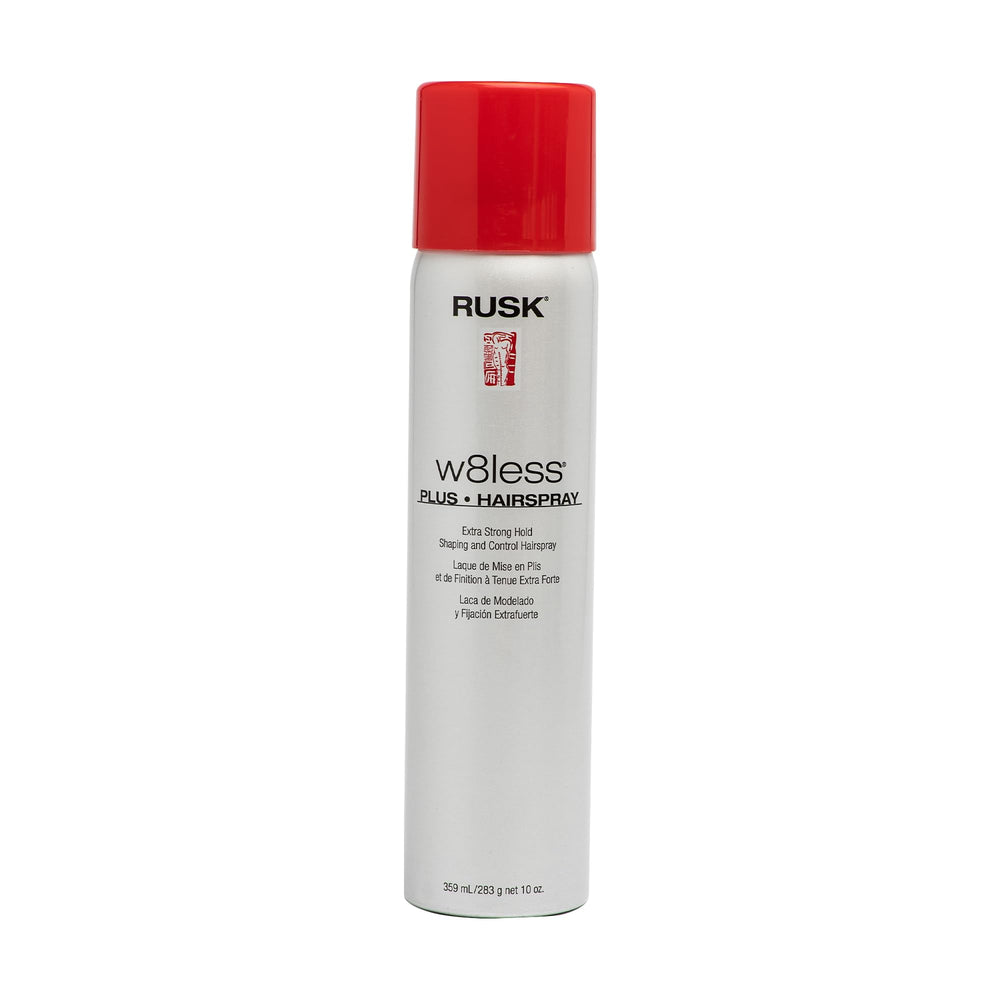 RUSK Extra-Strong Hold hairspray bottle showing professional-grade hold for lasting styles.