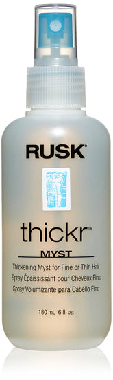 RUSK Thickr Mist en botella para rociar y dar cuerpo al cabello.