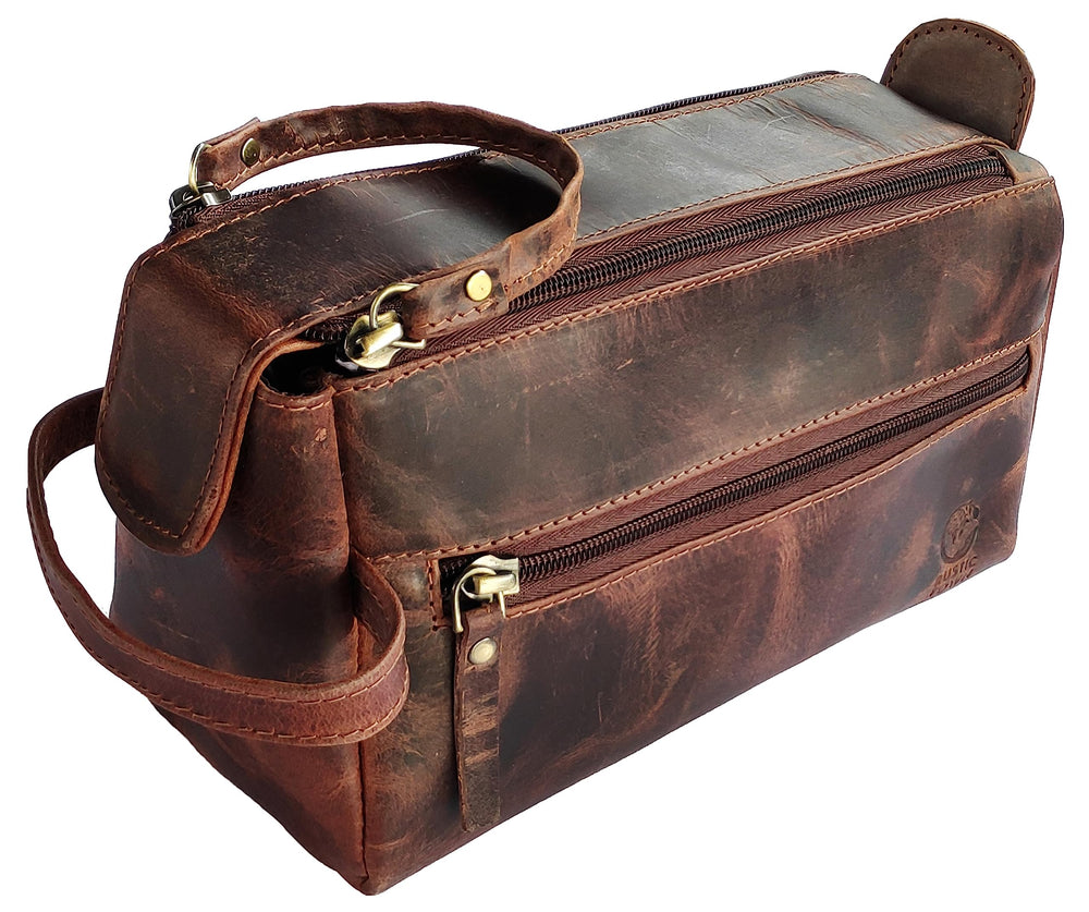 RUSTIC TOWN buffalo leather toiletry bag front view with rugged craftsmanship.