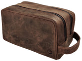 RUSTIC TOWN full-grain leather travel toiletry bag in dark brown for organized packing.
