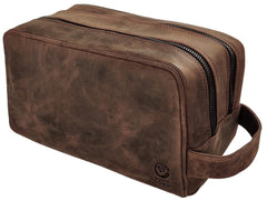 RUSTIC TOWN full-grain leather travel toiletry bag in dark brown for organized packing.